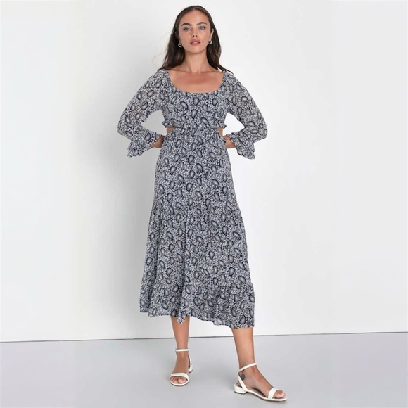 Lulus Blissful Sweetie Navy Blue Paisley Tiered Cutout Midi Dress - Picture 1 of 8